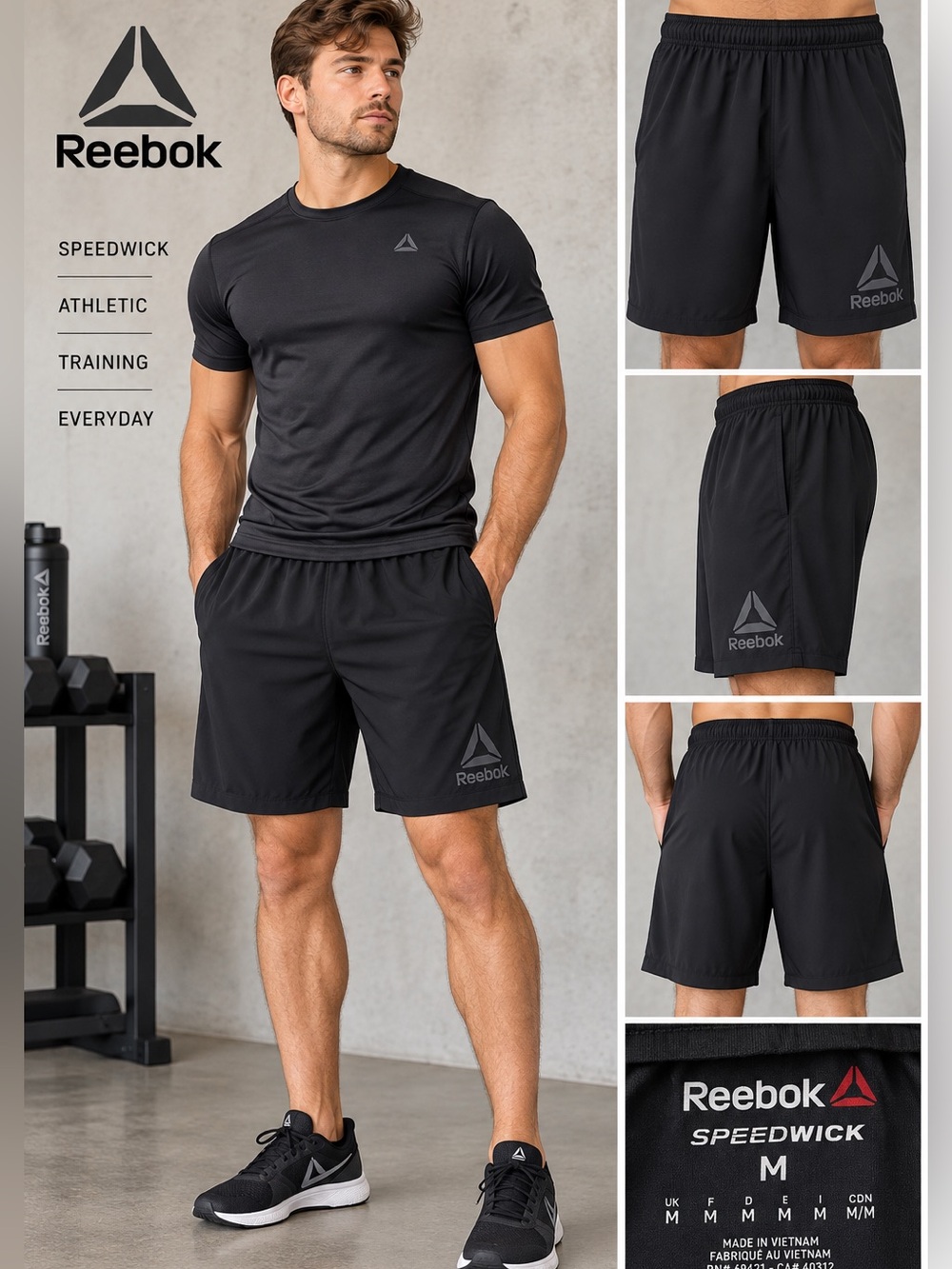 Reebok Speedwick Men’s Medium Black Athletic Training Gym Shorts